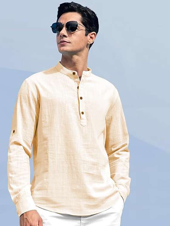 men solid mandarin neck short kurta - 22325481 -  Standard Image - 1