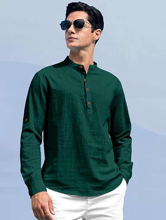 men solid mandarin neck short kurta - 22325484 -  Standard Image - 1