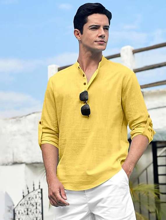 men solid mandarin neck short kurta - 22325495 -  Standard Image - 1