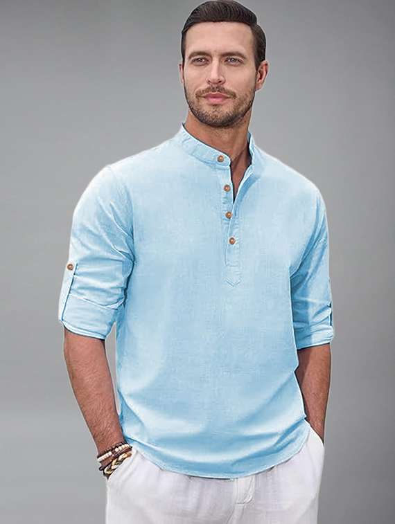 men solid mandarin neck short kurta - 22325964 -  Standard Image - 1