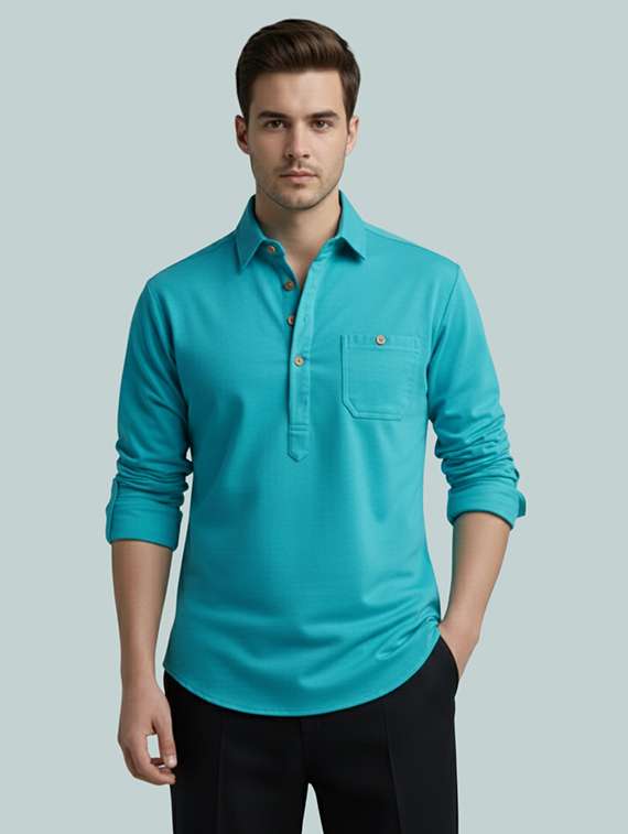 men solid long sleeve short kurta