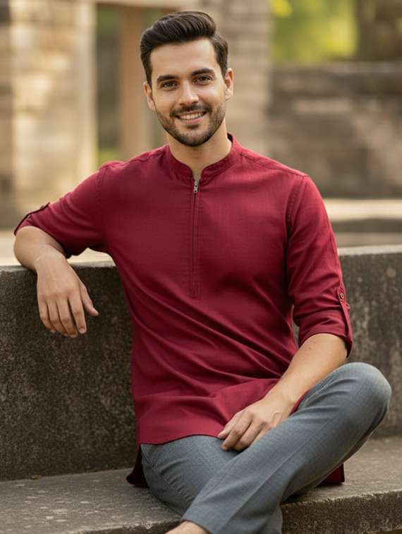 men solid long sleeve short kurta - 22326330 -  Standard Image - 1