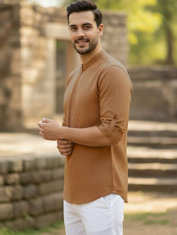 men solid mandarin neck short kurta - 22326336 -  Standard Image - 1