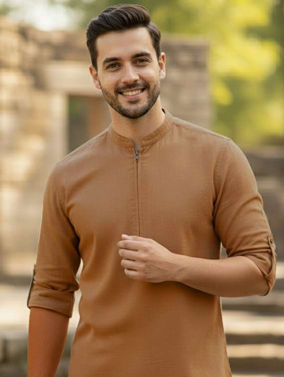 men solid mandarin neck short kurta - 22326336 -  Standard Image - 4