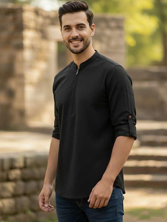 men solid mandarin neck short kurta - 22326337 -  Standard Image - 1