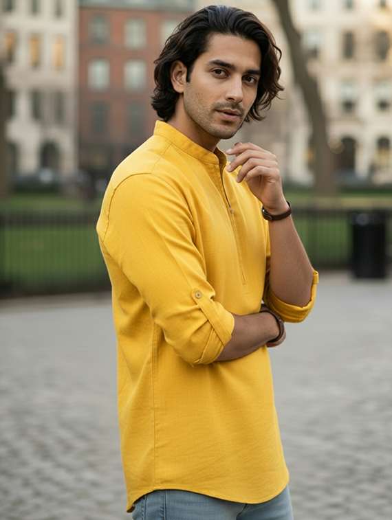 men solid mandarin neck short kurta - 22326339 -  Standard Image - 1