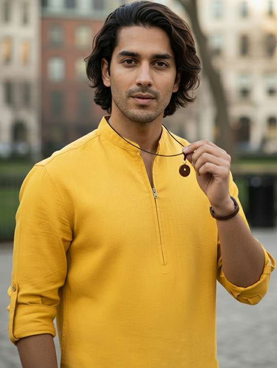 men solid mandarin neck short kurta - 22326339 -  Standard Image - 4