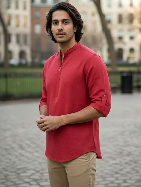 men solid mandarin neck short kurta - 22326344 -  Standard Image - 1