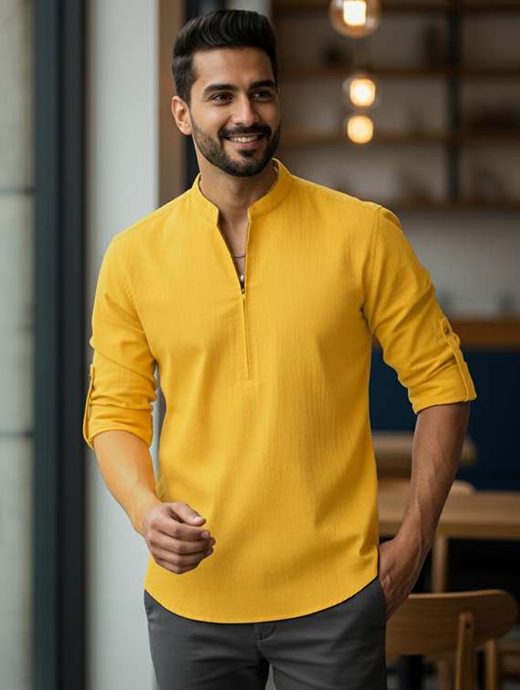 men solid mandarin neck short kurta