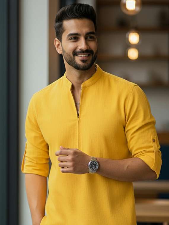 men solid mandarin neck short kurta - 22326359 -  Standard Image - 4