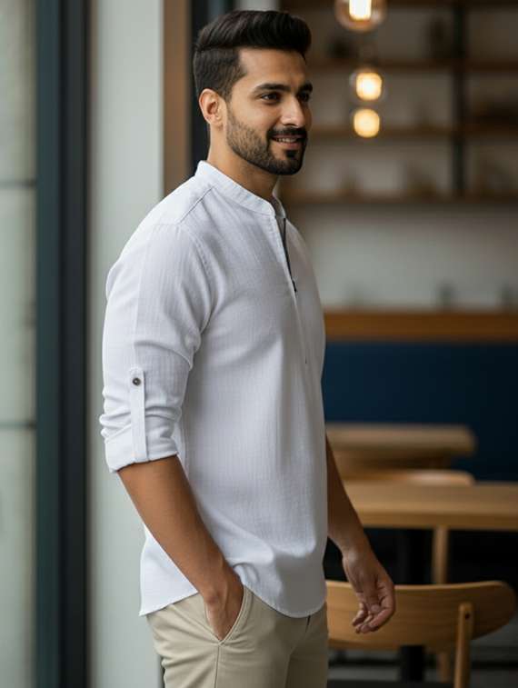 men solid mandarin neck short kurta - 22326360 -  Standard Image - 1