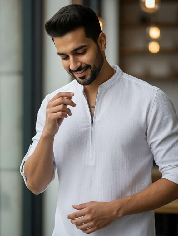 men solid mandarin neck short kurta - 22326360 -  Standard Image - 4