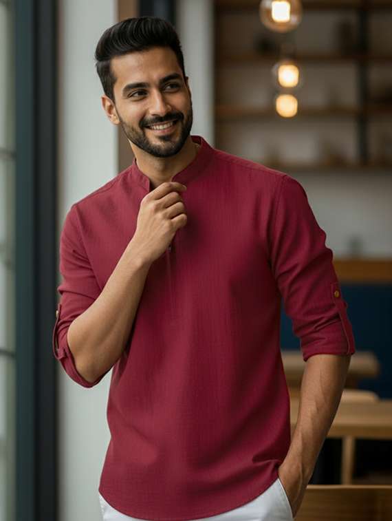 men solid mandarin neck short kurta - 22326369 -  Standard Image - 1