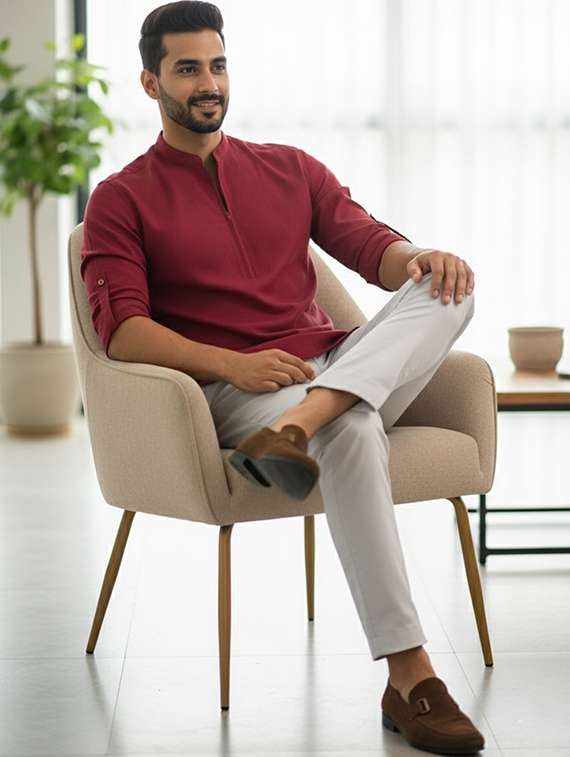 men solid mandarin neck short kurta - 22326369 -  Standard Image - 4