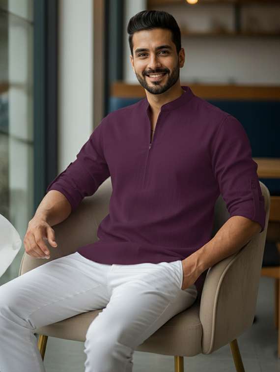 men solid mandarin neck short kurta - 22326370 -  Standard Image - 1