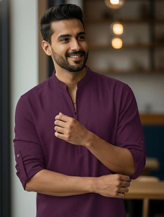 men solid mandarin neck short kurta - 22326370 -  Standard Image - 4