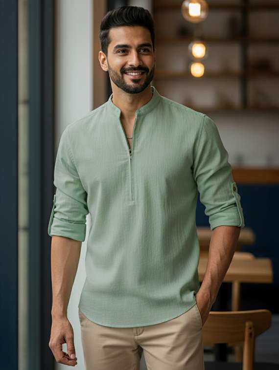 men solid mandarin neck short kurta