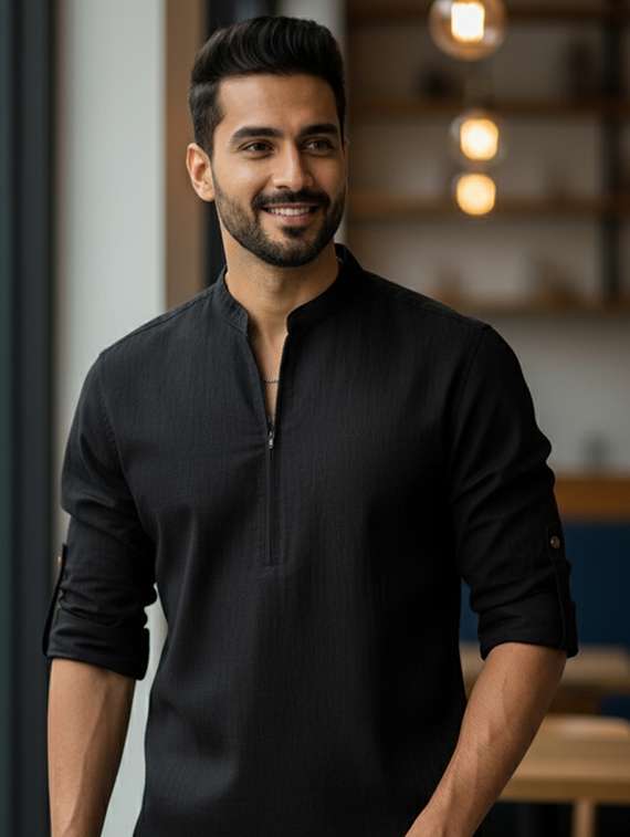 men solid mandarin neck short kurta - 22326377 -  Standard Image - 4