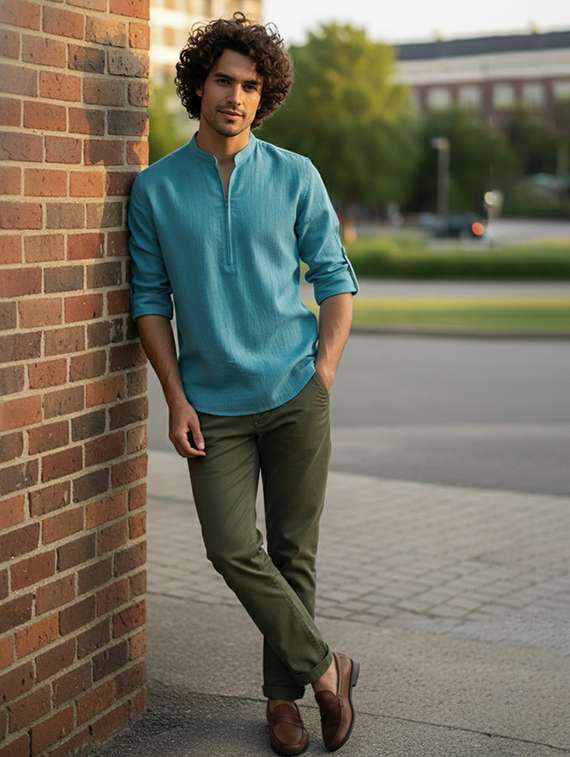 men solid mandarin neck short kurta - 22326381 -  Standard Image - 4