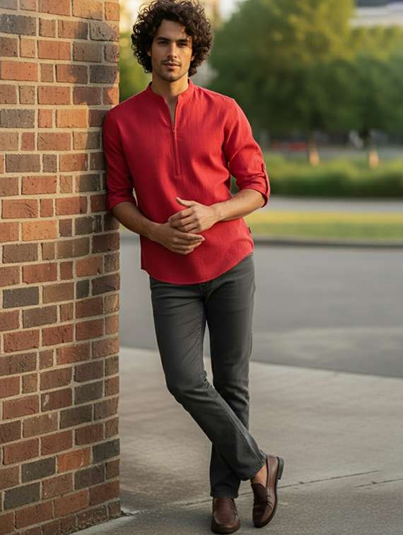 men solid mandarin neck short kurta - 22326383 -  Standard Image - 4