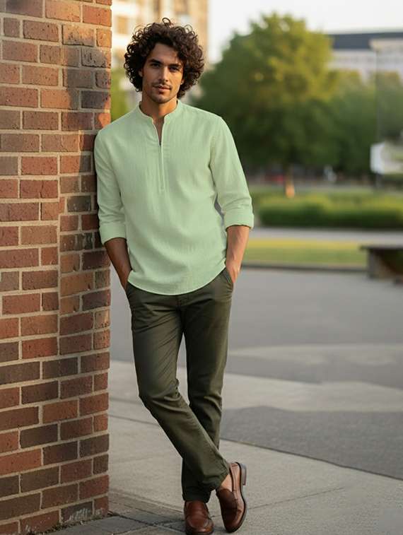 men solid mandarin neck short kurta - 22326386 -  Standard Image - 4