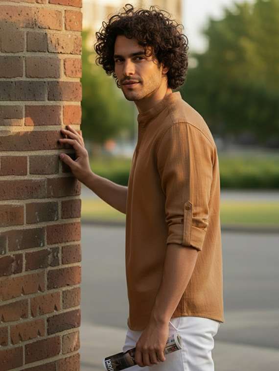 men solid mandarin neck short kurta - 22326396 -  Standard Image - 1