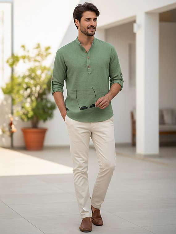 men solid mandarin neck short kurta - 22326478 -  Standard Image - 4