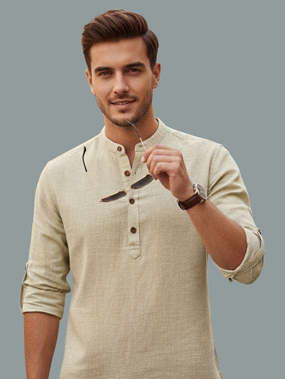 men solid mandarin neck short kurta - 22326482 -  Standard Image - 4