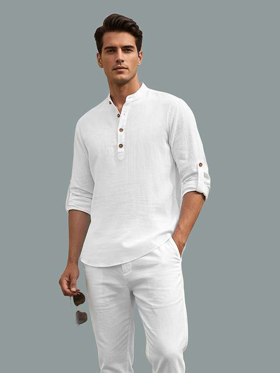 men solid mandarin neck short kurta - 22326490 -  Standard Image - 1