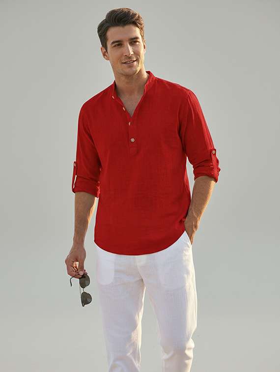 men solid mandarin neck short kurta - 22326492 -  Standard Image - 1