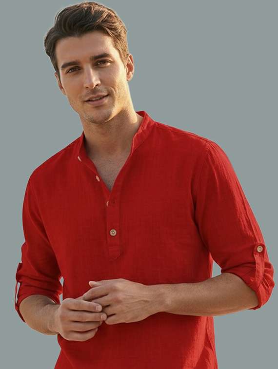 men solid mandarin neck short kurta - 22326492 -  Standard Image - 4