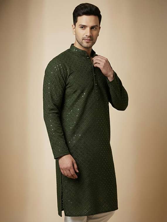 men solid with work mandarin neck long kurta - 22326499 -  Standard Image - 1