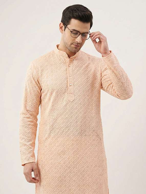 Men Solid With Work Mandarin Neck Long Kurta - 22326505 -  Standard Image - 1