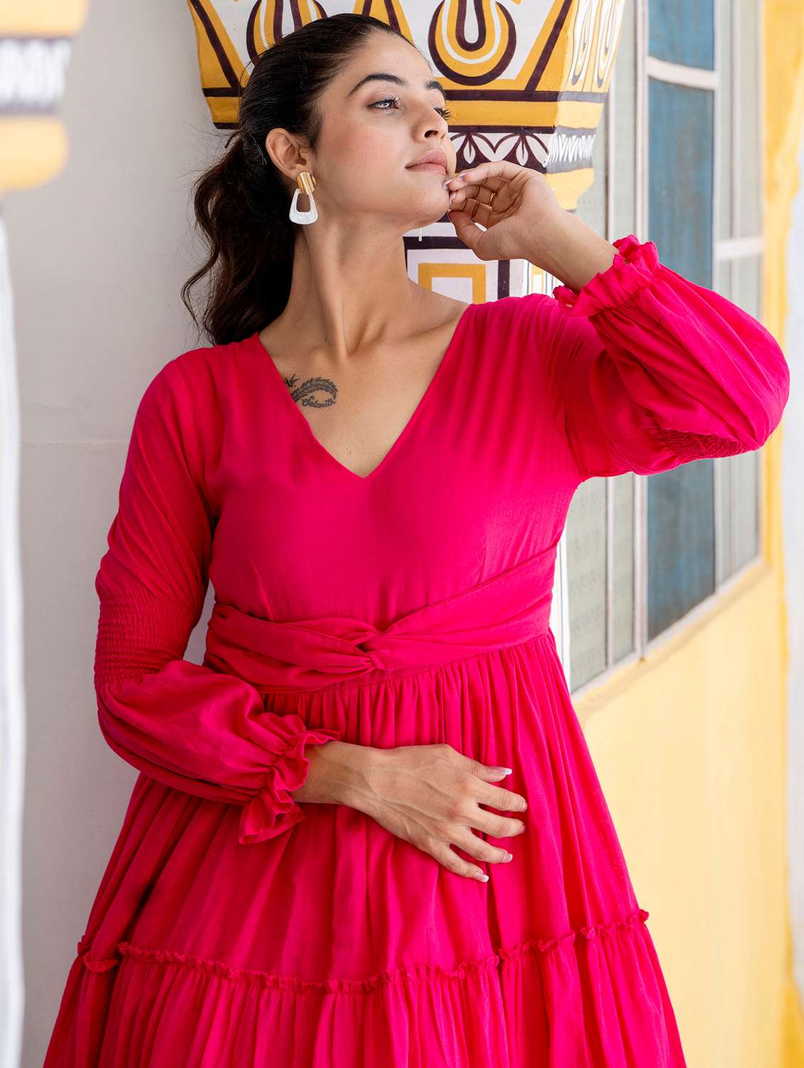 Women Solid Long Sleeve Ethnic Dress - 22326540 -  Standard Image - 6