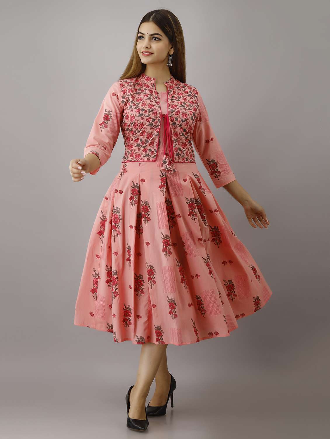 women floral printed three quarter sleeve ethnic dress - 22326543 -  Standard Image - 1