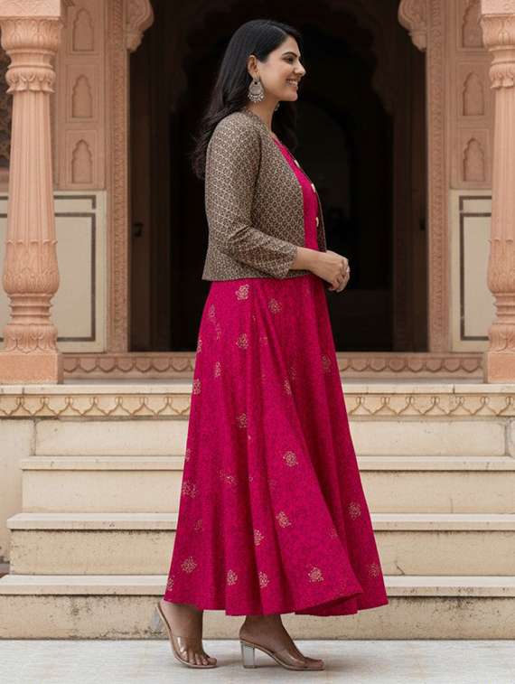 women printed three quarter sleeve ethnic dress - 22326545 -  Standard Image - 1