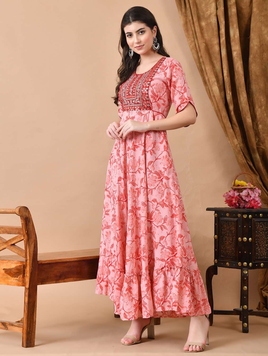 women floral printed three quarter sleeve ethnic dress - 22326547 -  Standard Image - 1