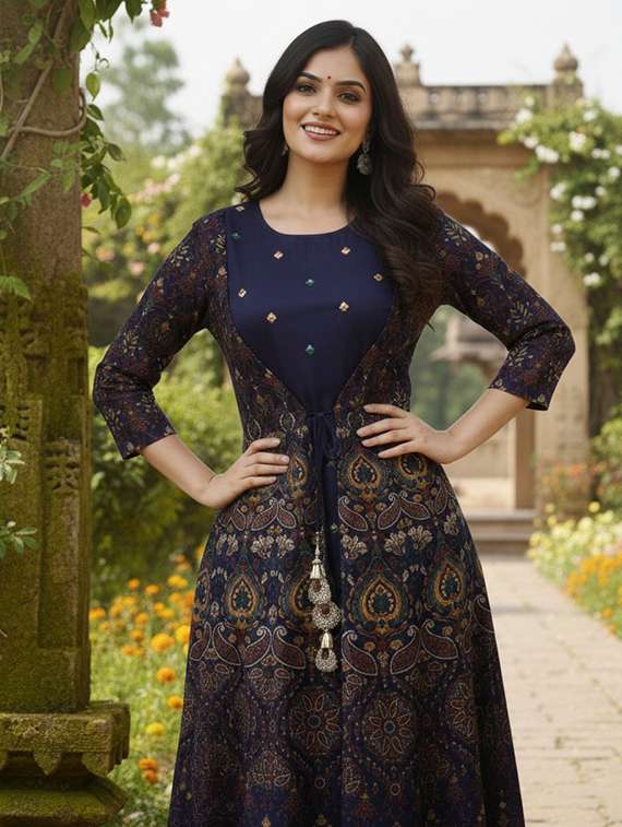 women printed three quarter sleeve ethnic dress - 22326549 -  Standard Image - 4