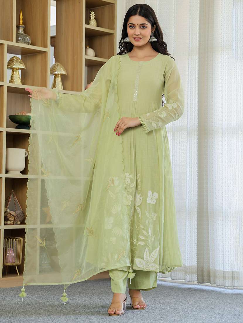 women solid with work long sleeve kurta pant with dupatta set - 22326573 -  Standard Image - 1
