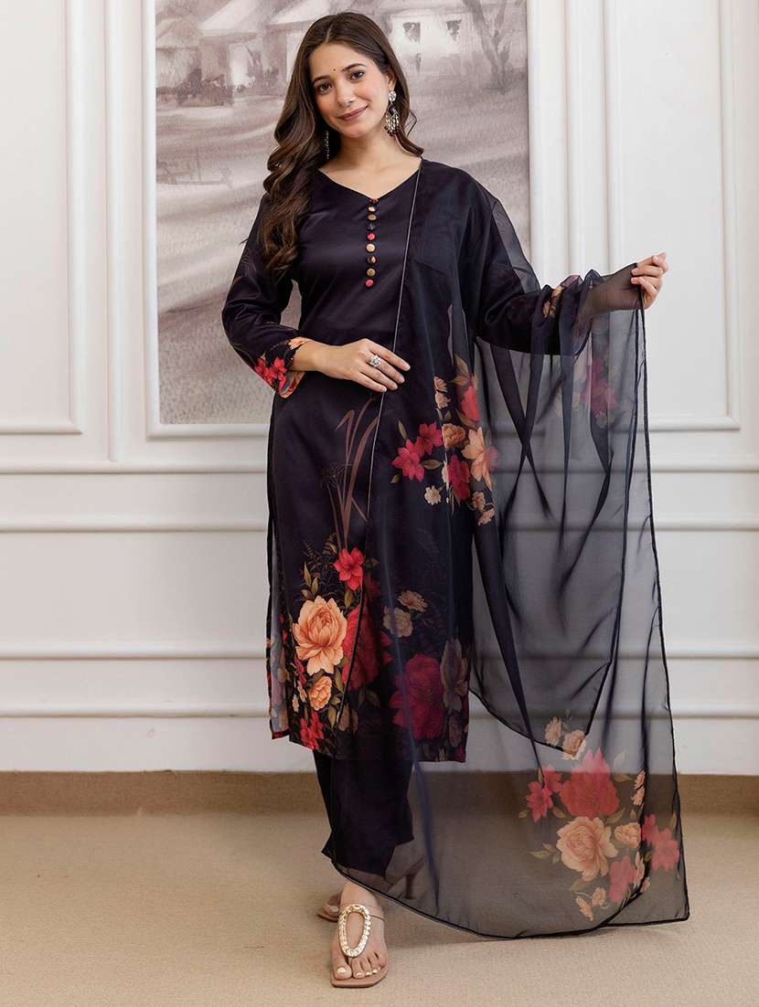 women floral three quarter sleeve kurta pant with dupatta set - 22326576 -  Standard Image - 1
