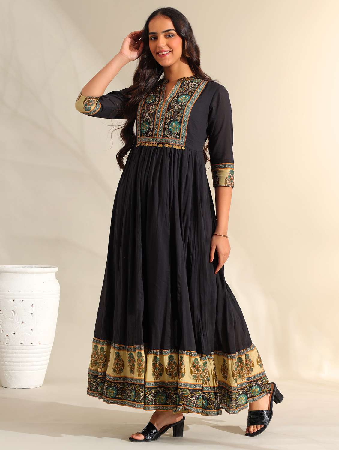 Women Floral Three Quarter Sleeve Tiered Ethnic Dress - 22326589 -  Standard Image - 1