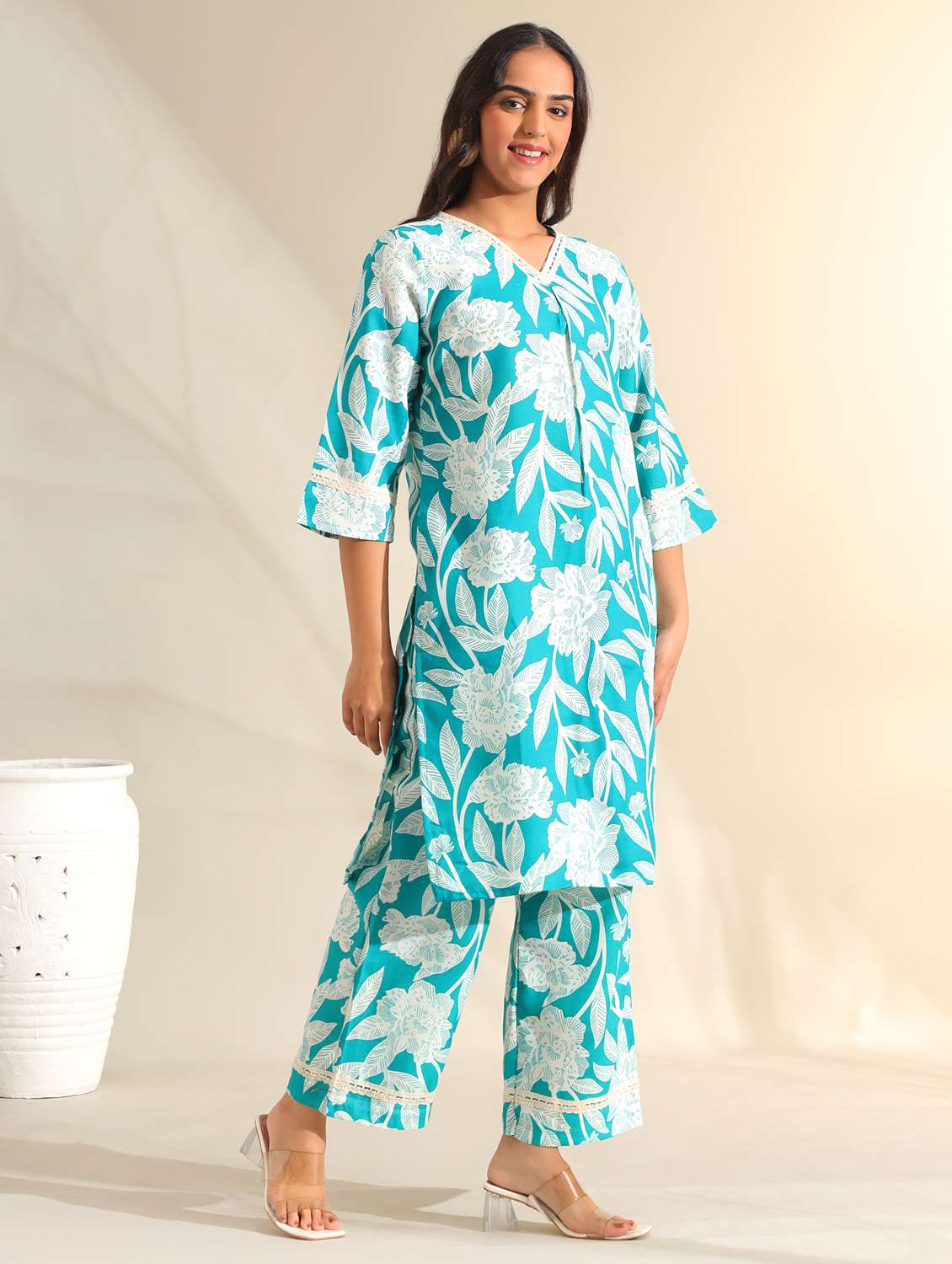 women floral three quarter sleeve ethnic co-ord set - 22326602 -  Standard Image - 1