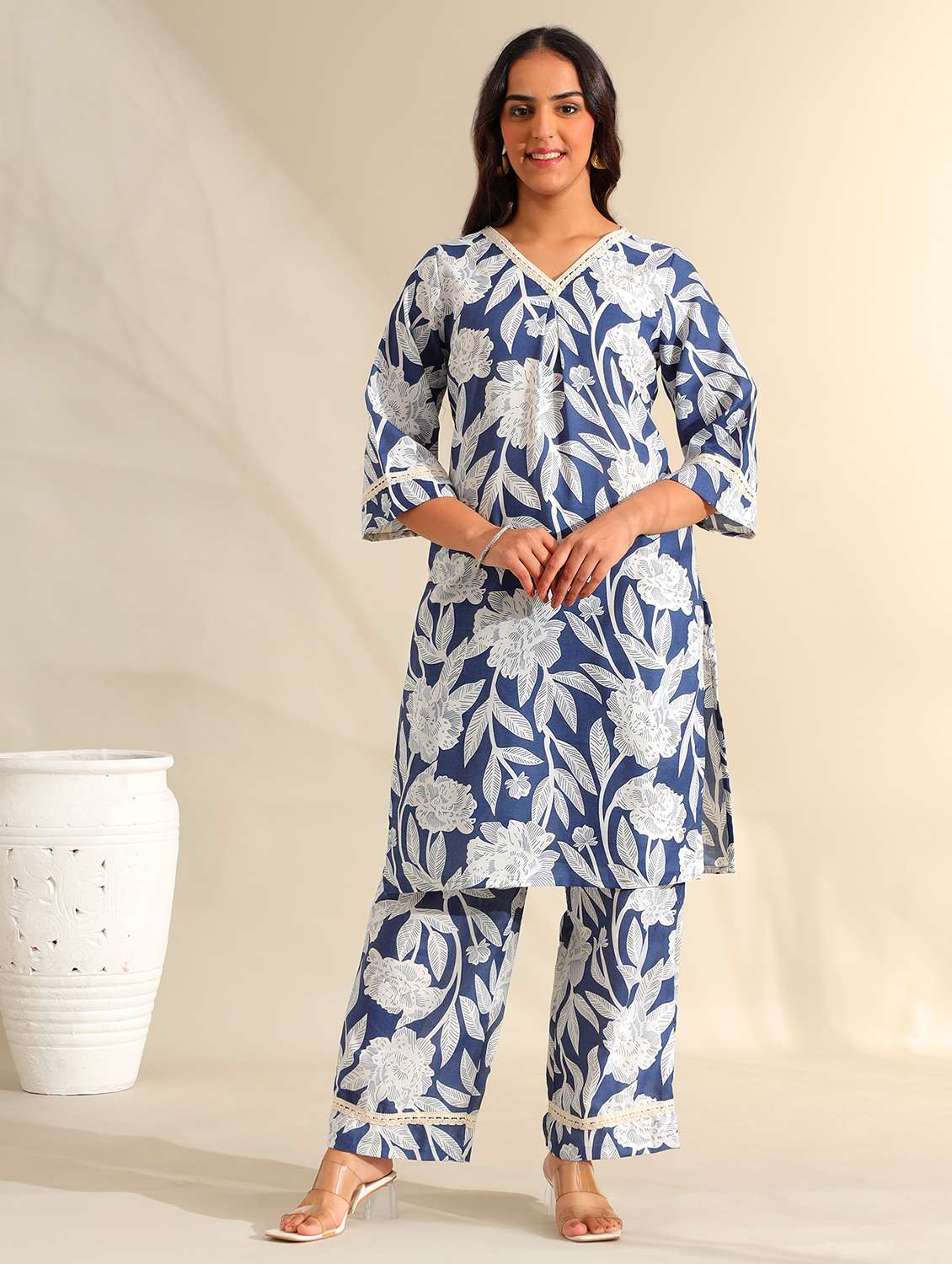 women floral three quarter sleeve ethnic co-ord set