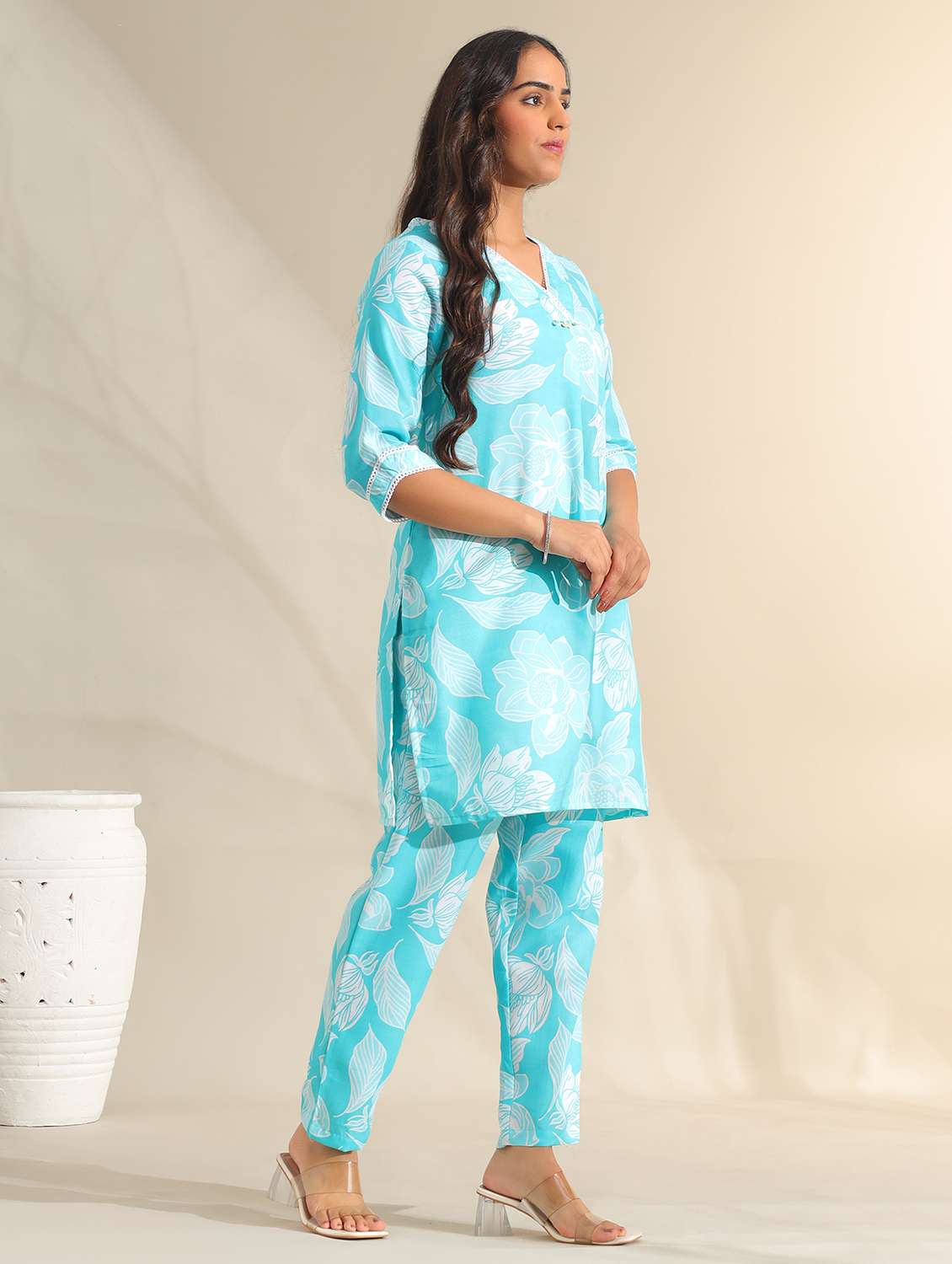 women floral three quarter sleeve ethnic co-ord set - 22326609 -  Standard Image - 1