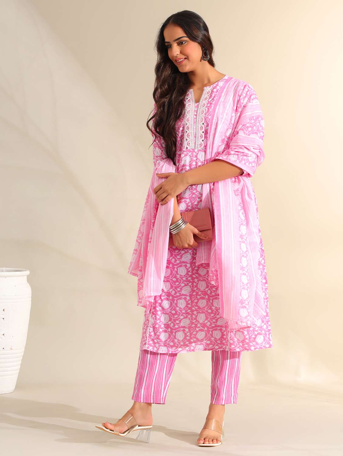 women floral three quarter sleeve kurta pant with dupatta set - 22326623 -  Standard Image - 1