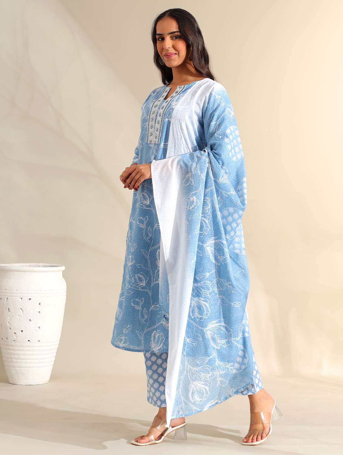 women floral three quarter sleeve kurta pant with dupatta set - 22326625 -  Standard Image - 1