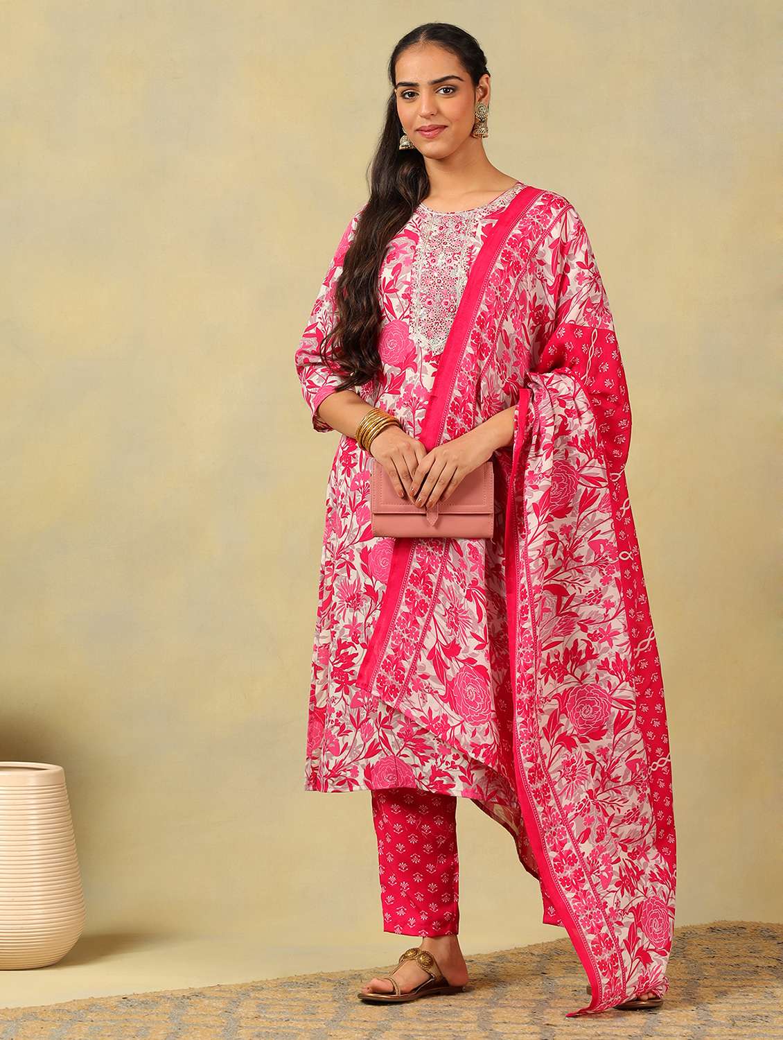 women floral three quarter sleeve kurta pant with dupatta set - 22326629 -  Standard Image - 1