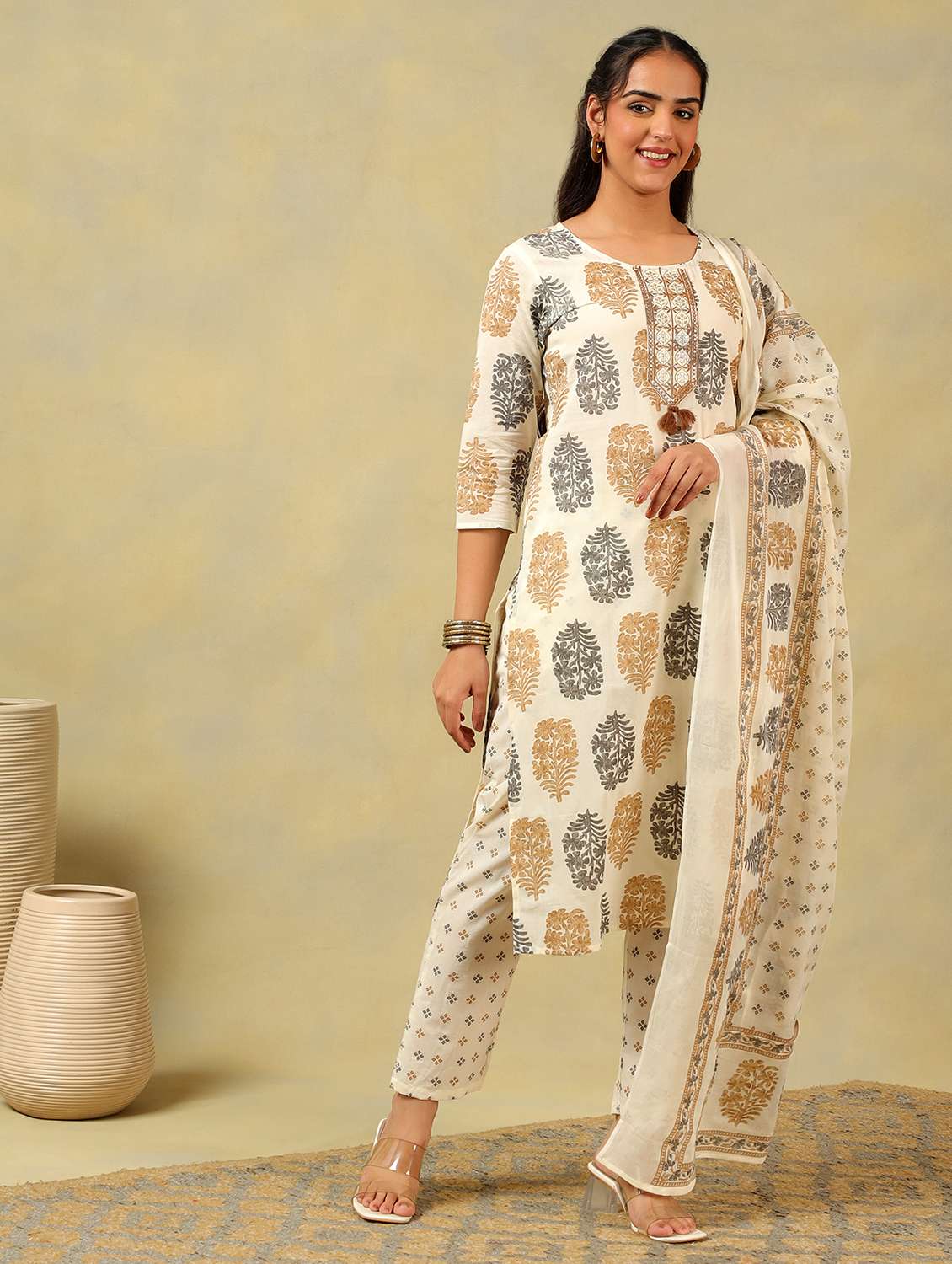 women printed three quarter sleeve kurta pant with dupatta set - 22326648 -  Standard Image - 1
