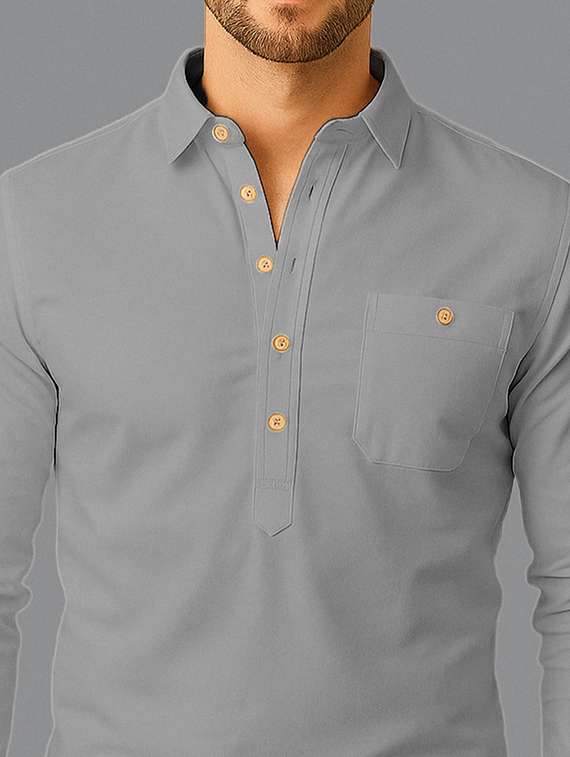 men solid long sleeve short kurta - 22327206 -  Standard Image - 1