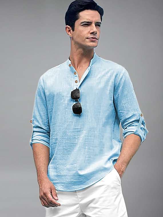 men solid mandarin neck short kurta - 22327290 -  Standard Image - 1